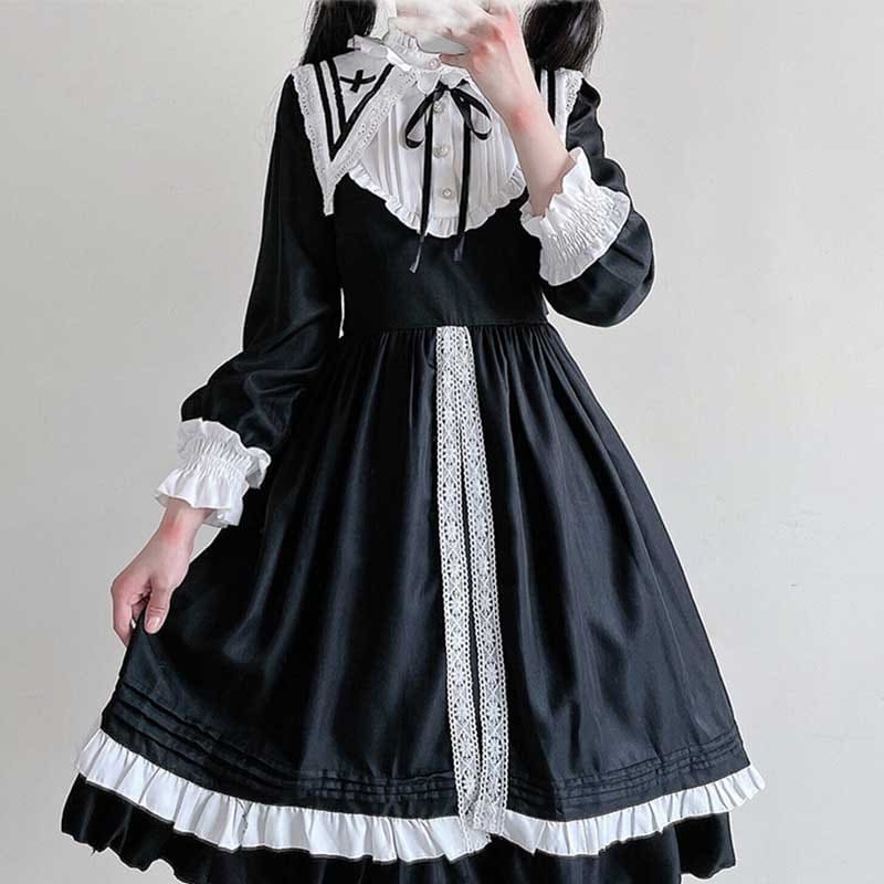 Elegant Lace Up Lolita Dark Maid Dress - Black / S