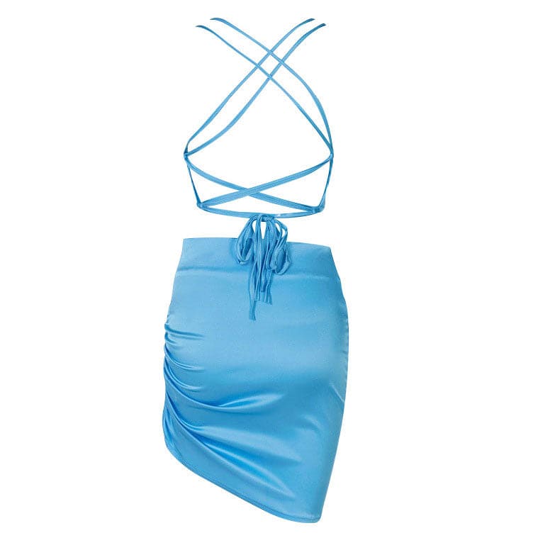 Elegant Lace Up Satin Dress - S / Blue - Dresses