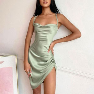 Elegant Lace Up Satin Dress - S / Mint green - Dresses