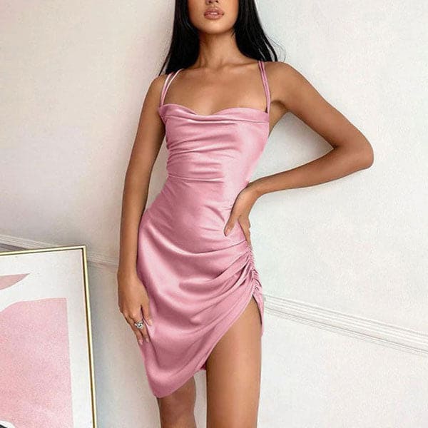 Elegant Lace Up Satin Dress - S / Pink - Dresses