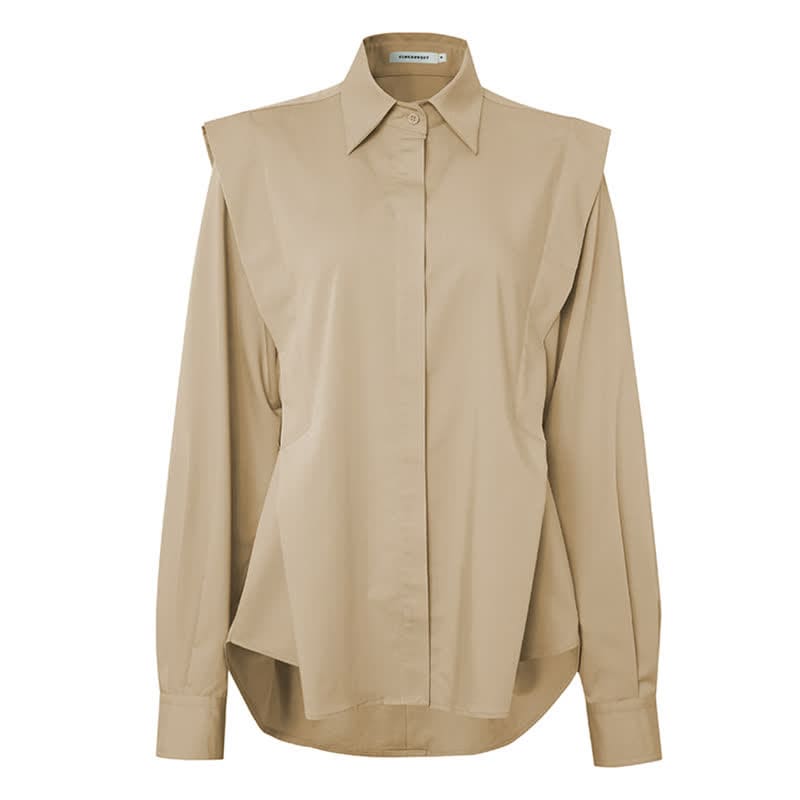 Elegant Lapel Long Sleeve Shirt Workwear - Khaki / M