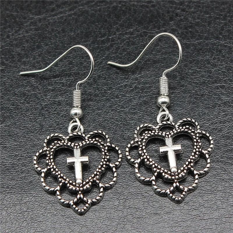 Elegant Love Heart Cross Earrings - Standart / Silver