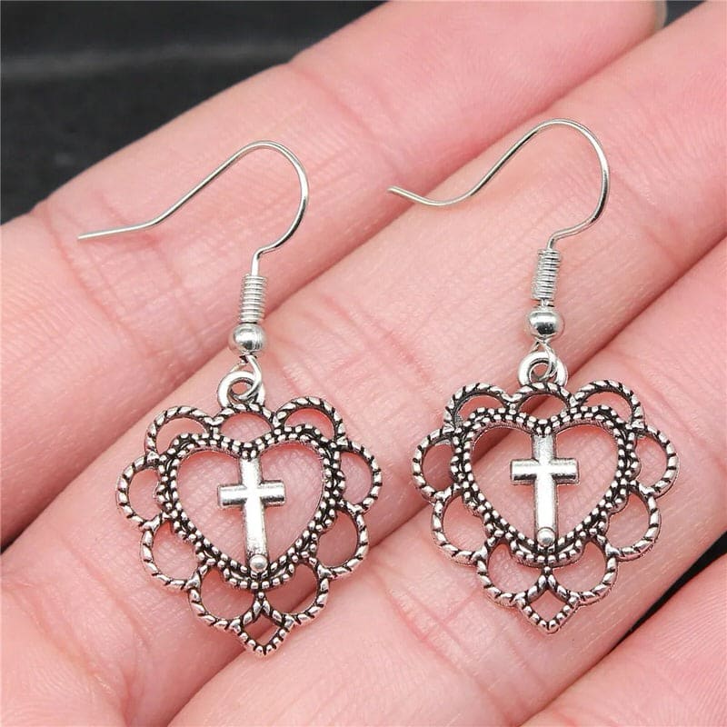 Elegant Love Heart Cross Earrings - Standart / Silver