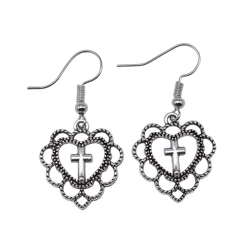 Elegant Love Heart Cross Earrings - Standart / Silver