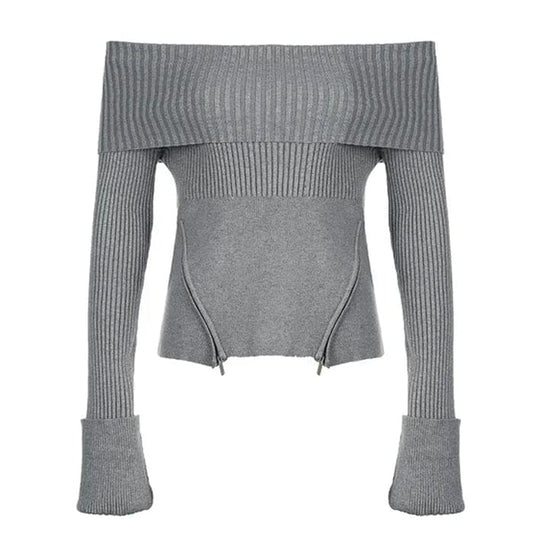 Elegant Off Shoulder Knit Sweater - S / Grey - Sweater