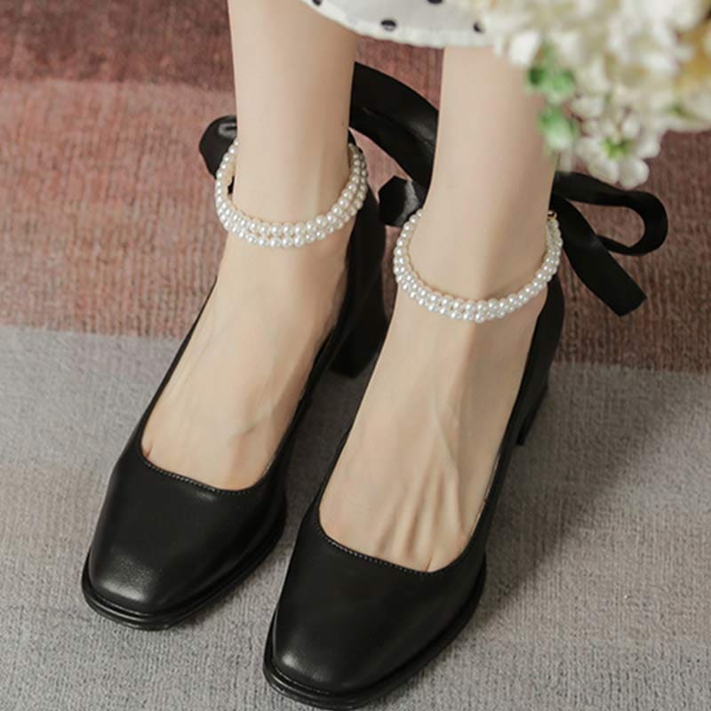 Elegant Pearl Bow High-heeled Shoes