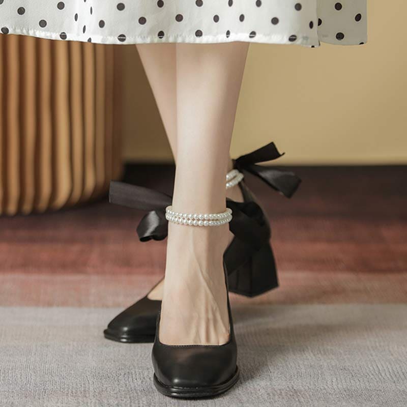 Elegant Pearl Bow High-heeled Shoes