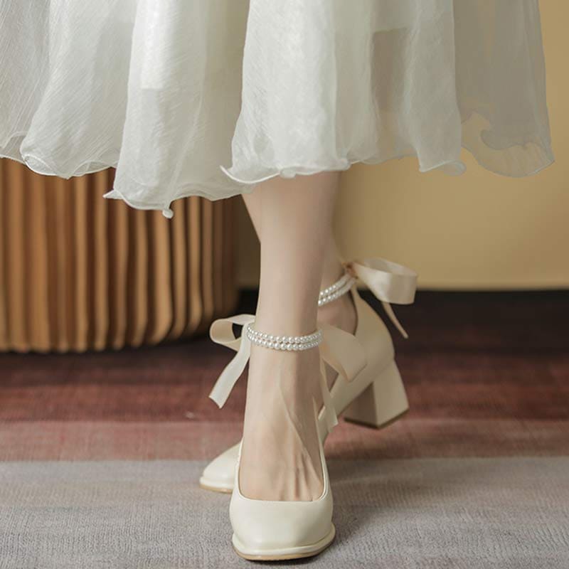 Elegant Pearl Bow High-heeled Shoes