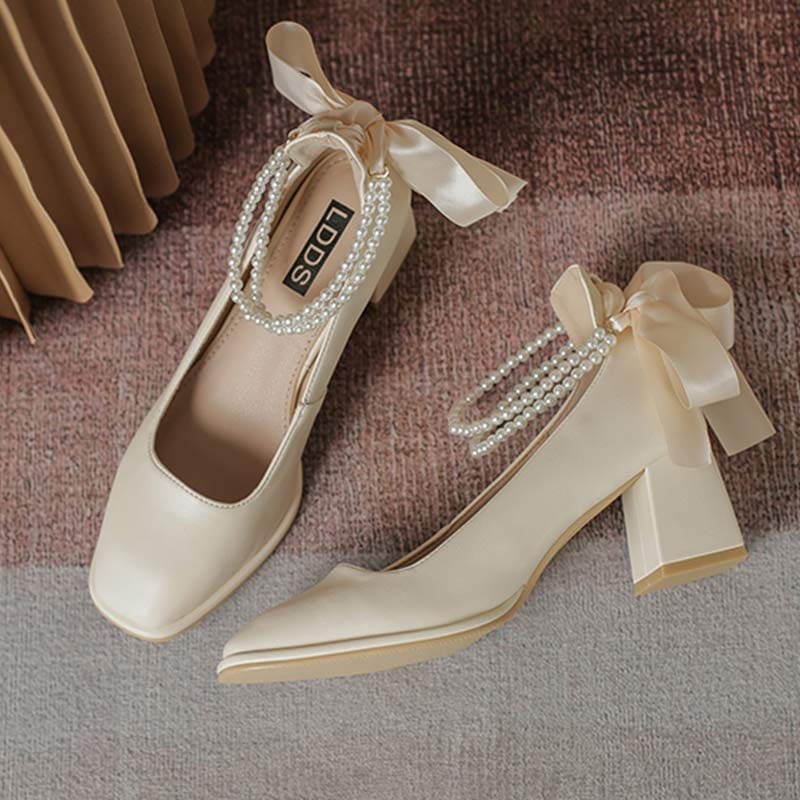 Elegant Pearl Bow High-heeled Shoes - Creamy White / 34