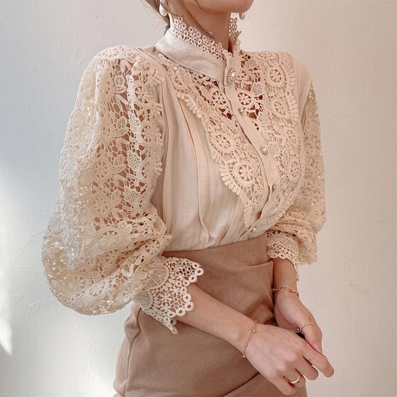 Elegant Pearl Hollow Out Lace Shirt