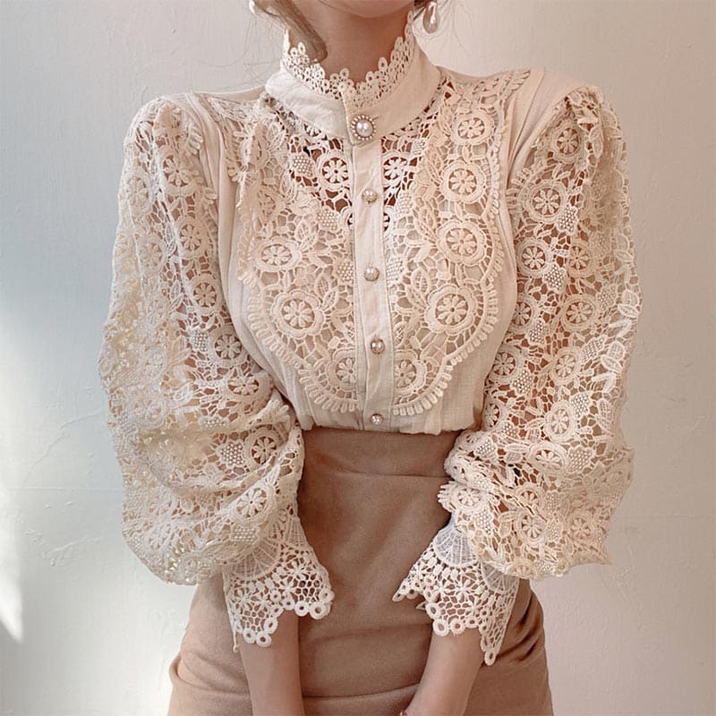 Elegant Pearl Hollow Out Lace Shirt