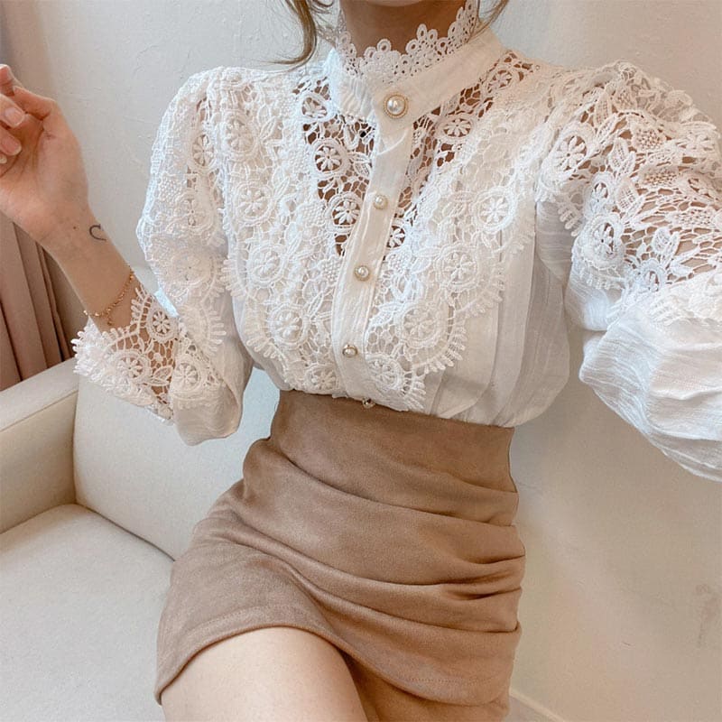 Elegant Pearl Hollow Out Lace Shirt