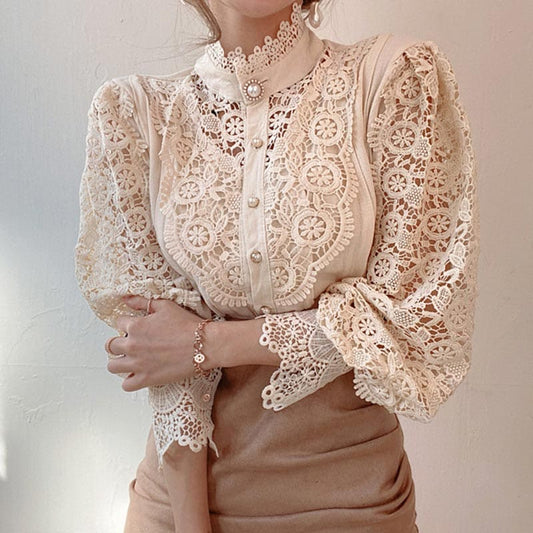 Elegant Pearl Hollow Out Lace Shirt - Apricot / M