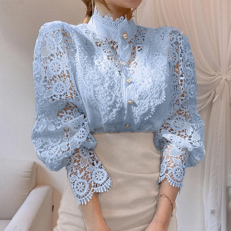 Elegant Pearl Hollow Out Lace Shirt - Blue / M