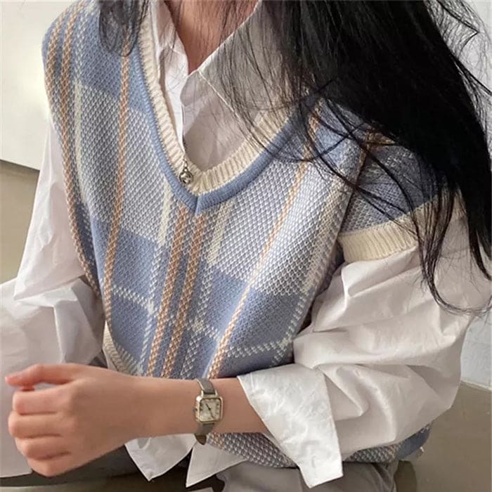 Elegant Plaid Campus Blue Vest - Vest