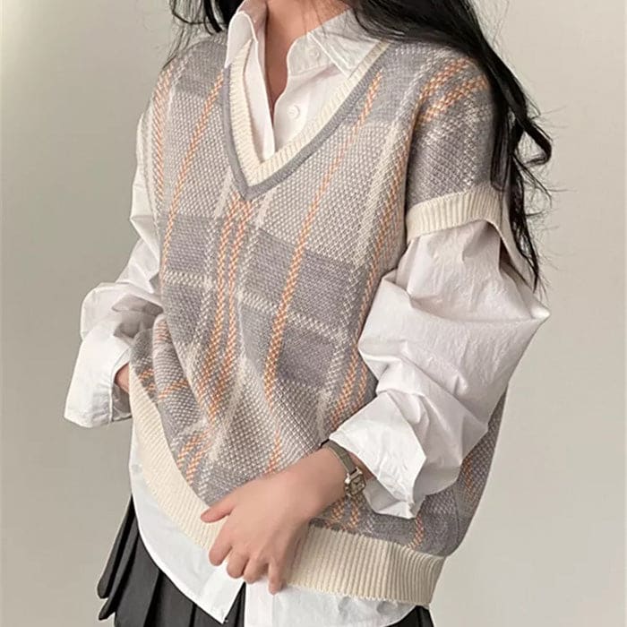 Elegant Plaid Campus Blue Vest - Free Size / Grey - Vest