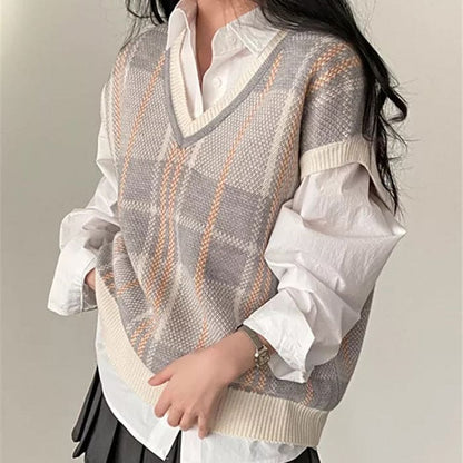 Elegant Plaid Campus Blue Vest - Free Size / Grey - Vest