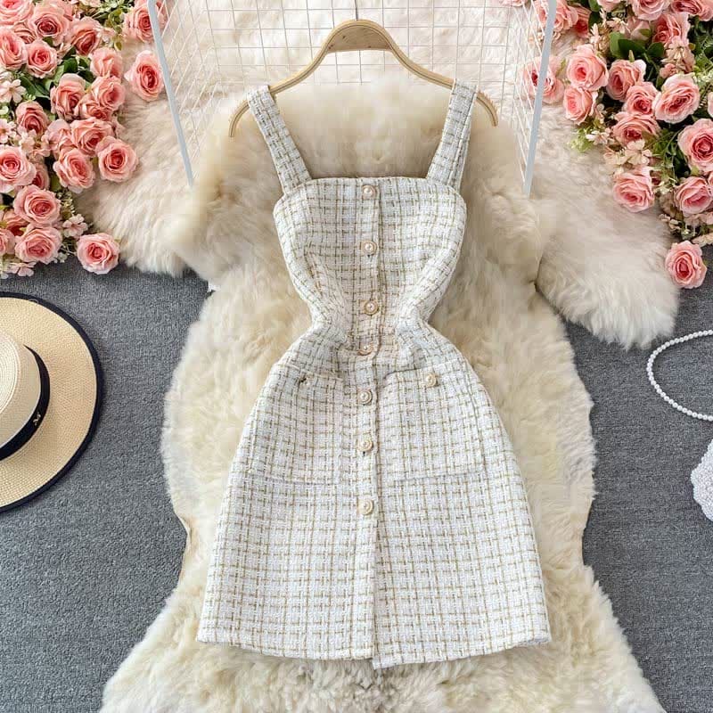 Elegant Plaid Slip Dress Lace Up Shirt Set