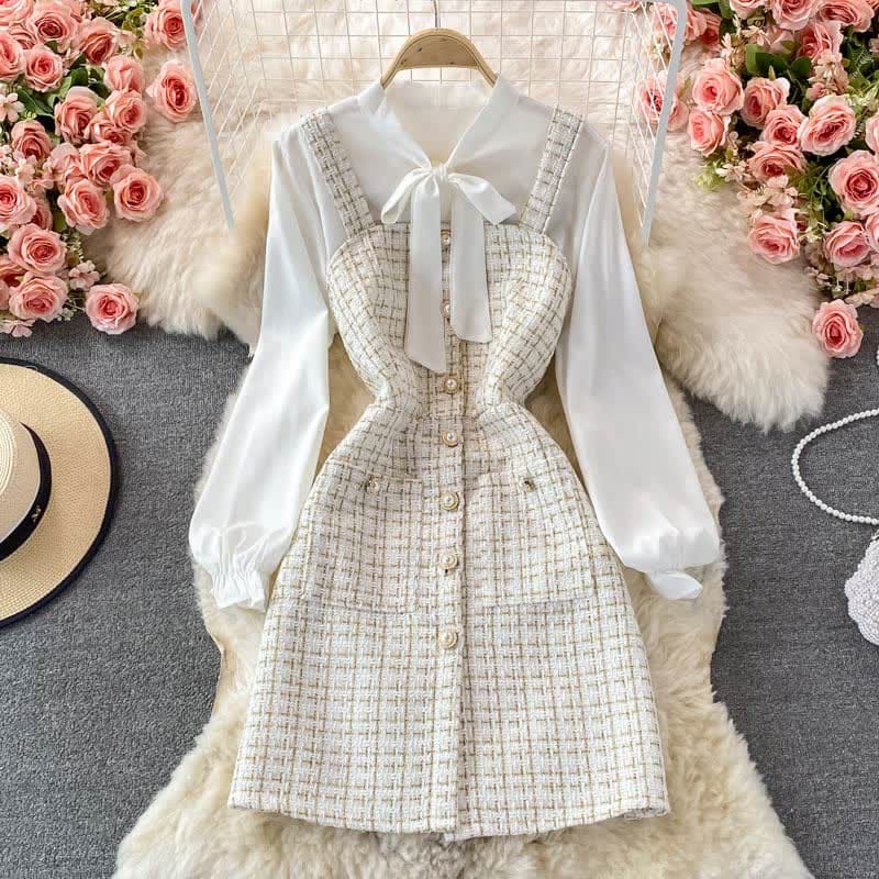 Elegant Plaid Slip Dress Lace Up Shirt Set - B / M