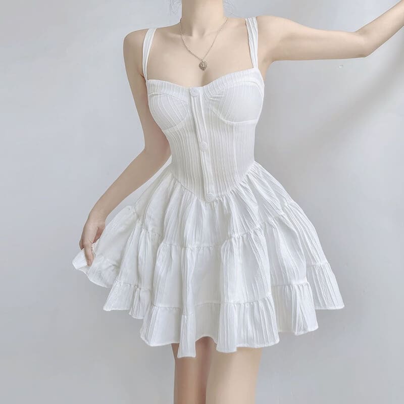 Elegant Princess Suspender Dress - White / S - Dresses