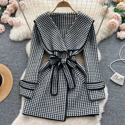 Elegant Print Sailor Collar Belted Coat - Houndstooth