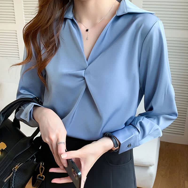 Elegant Pure Color Ruffled Satin Shirt Workwear