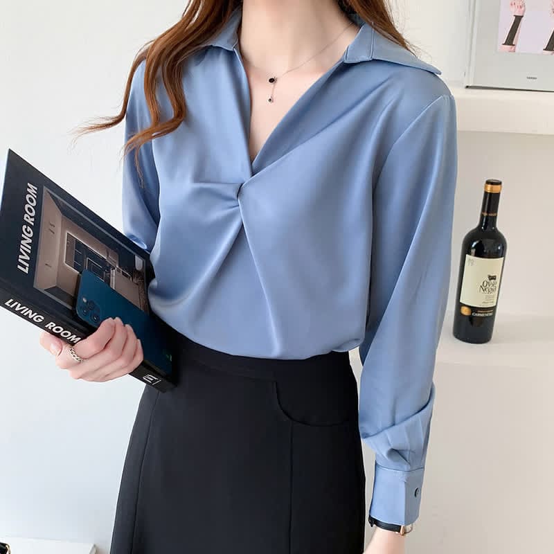 Elegant Pure Color Ruffled Satin Shirt Workwear