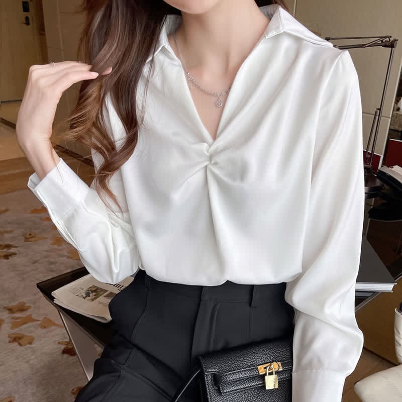 Elegant Pure Color Ruffled Satin Shirt Workwear