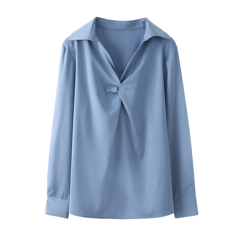 Elegant Pure Color Ruffled Satin Shirt Workwear - Blue / M