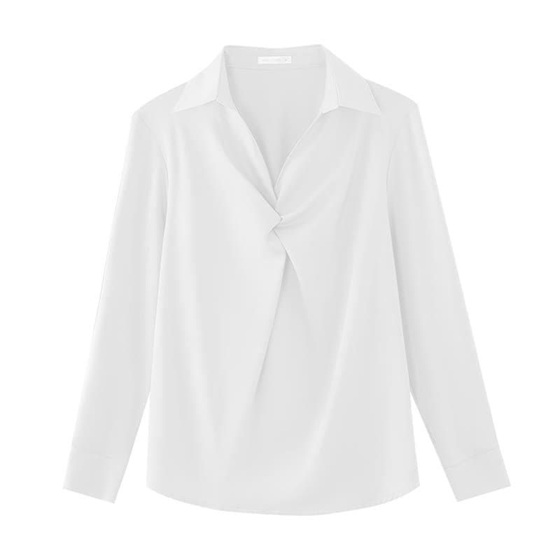 Elegant Pure Color Ruffled Satin Shirt Workwear - White / M