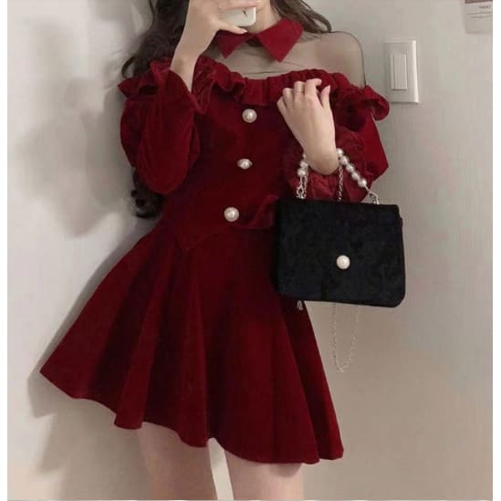 Elegant Red Ruffles Hollow Out Tops High Waist Mini Skirts