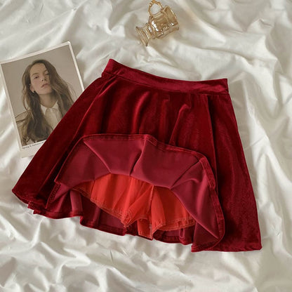 Elegant Red Ruffles Hollow Out Tops High Waist Mini Skirts