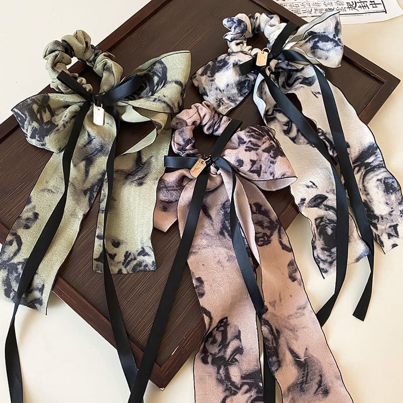 Elegant Retro Floral Print Bowknot Chiffon Hair Scarf