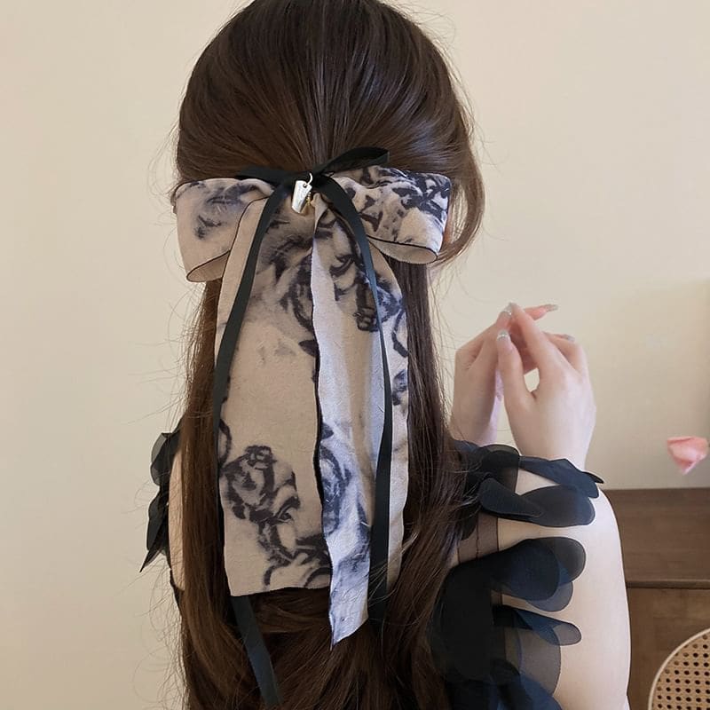 Elegant Retro Floral Print Bowknot Chiffon Hair Scarf