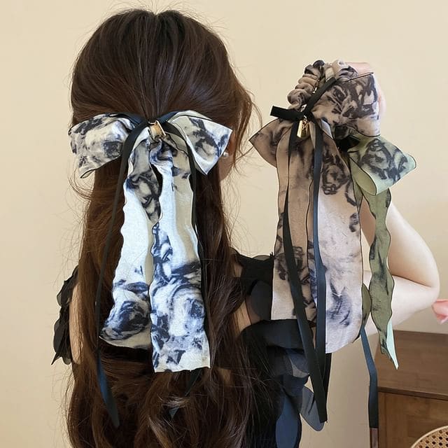 Elegant Retro Floral Print Bowknot Chiffon Hair Scarf