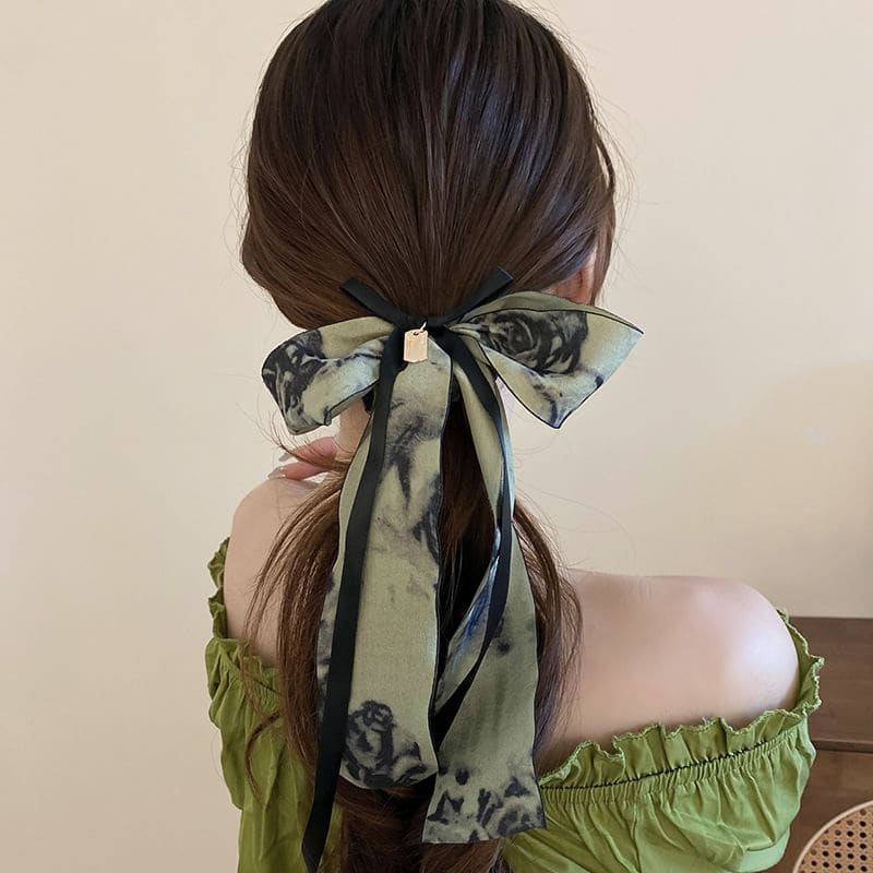 Elegant Retro Floral Print Bowknot Chiffon Hair Scarf