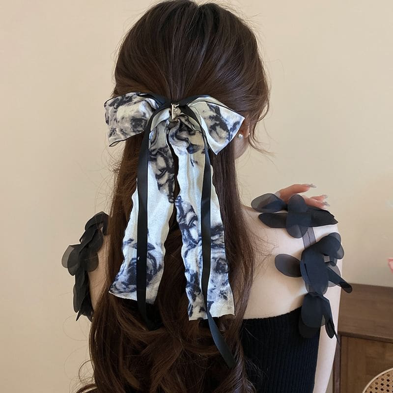 Elegant Retro Floral Print Bowknot Chiffon Hair Scarf