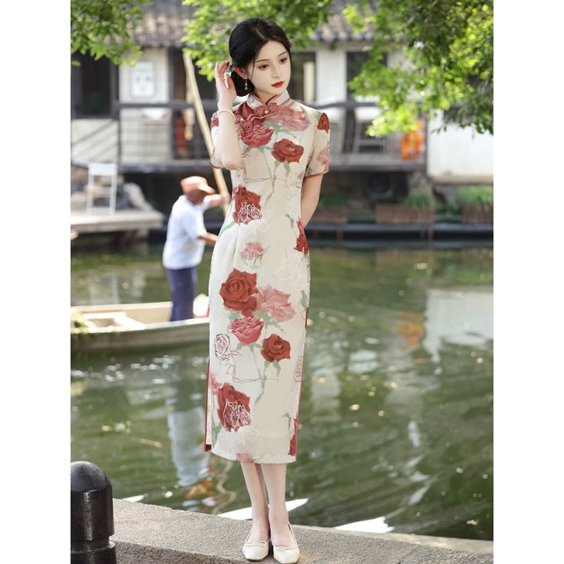 Elegant Rose Cheongsam Dress - Female Hanfu