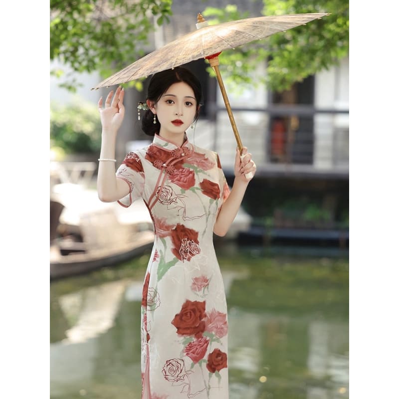 Elegant Rose Cheongsam Dress - Female Hanfu