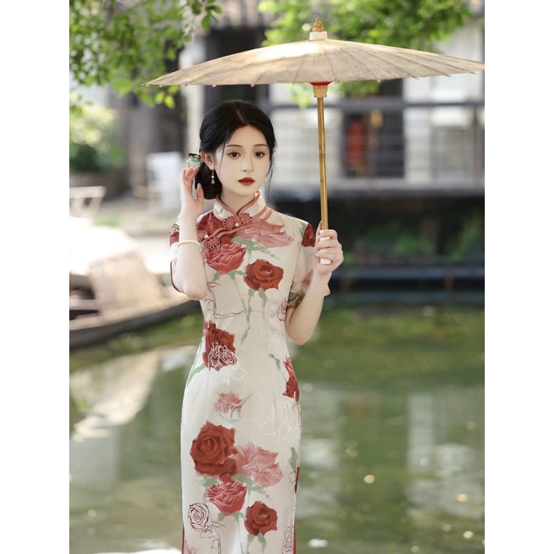 Elegant Rose Cheongsam Dress - Female Hanfu