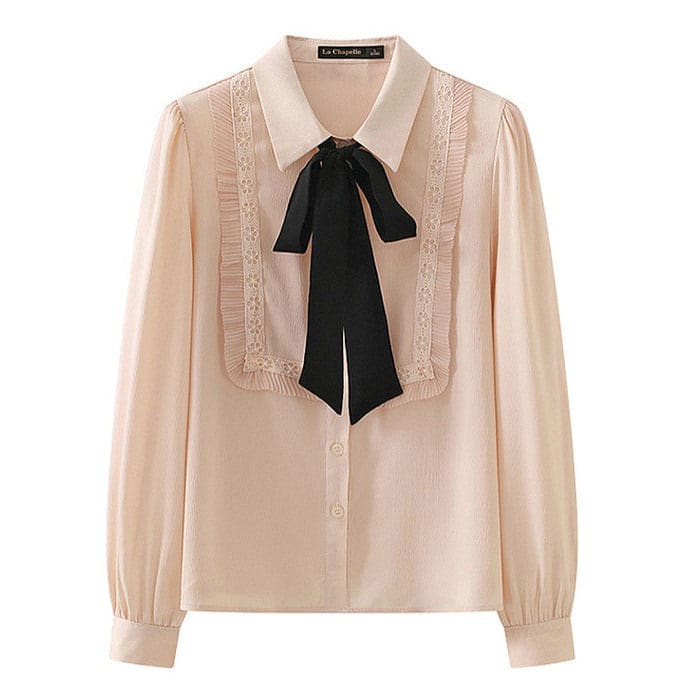 Elegant Ruffle Bow Tie Neck Shirt - S / Beige - Shirts