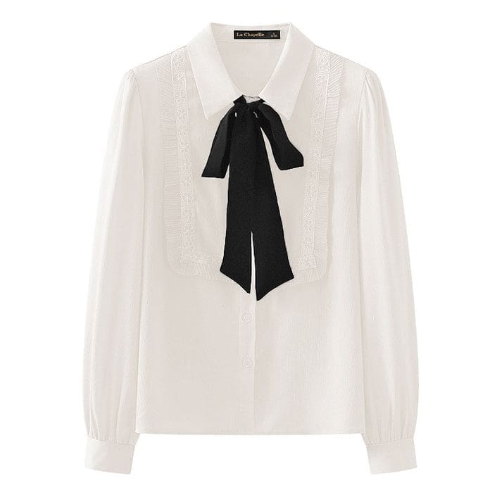 Elegant Ruffle Bow Tie Neck Shirt - S / White - Shirts