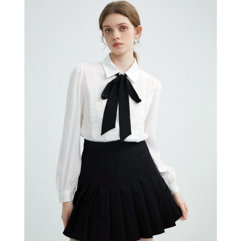 Elegant Ruffle Bow Tie Neck Shirt - Shirts