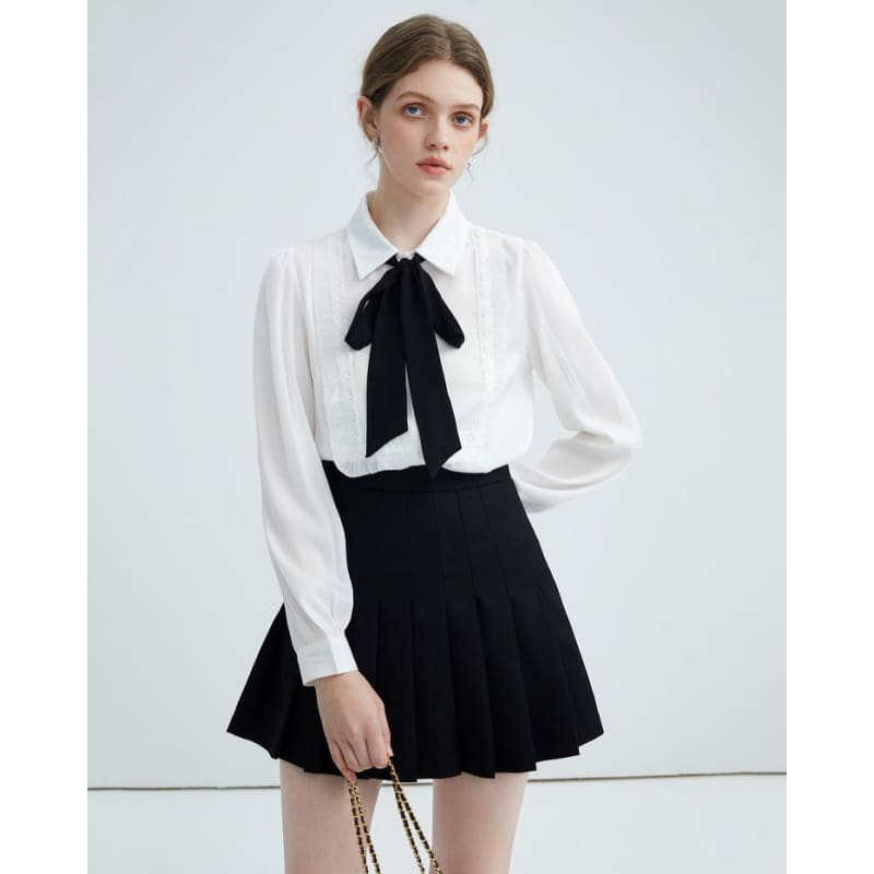 Elegant Ruffle Bow Tie Neck Shirt - Shirts