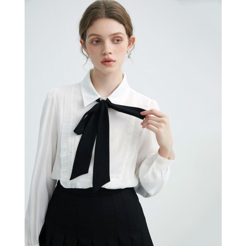 Elegant Ruffle Bow Tie Neck Shirt - Shirts