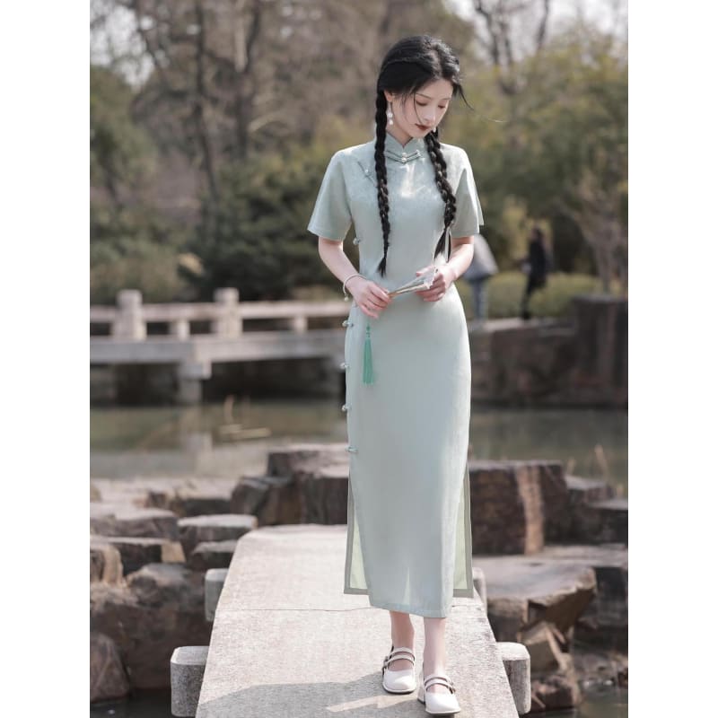 Elegant Satin Short Sleeve Cheongsam - Female Hanfu