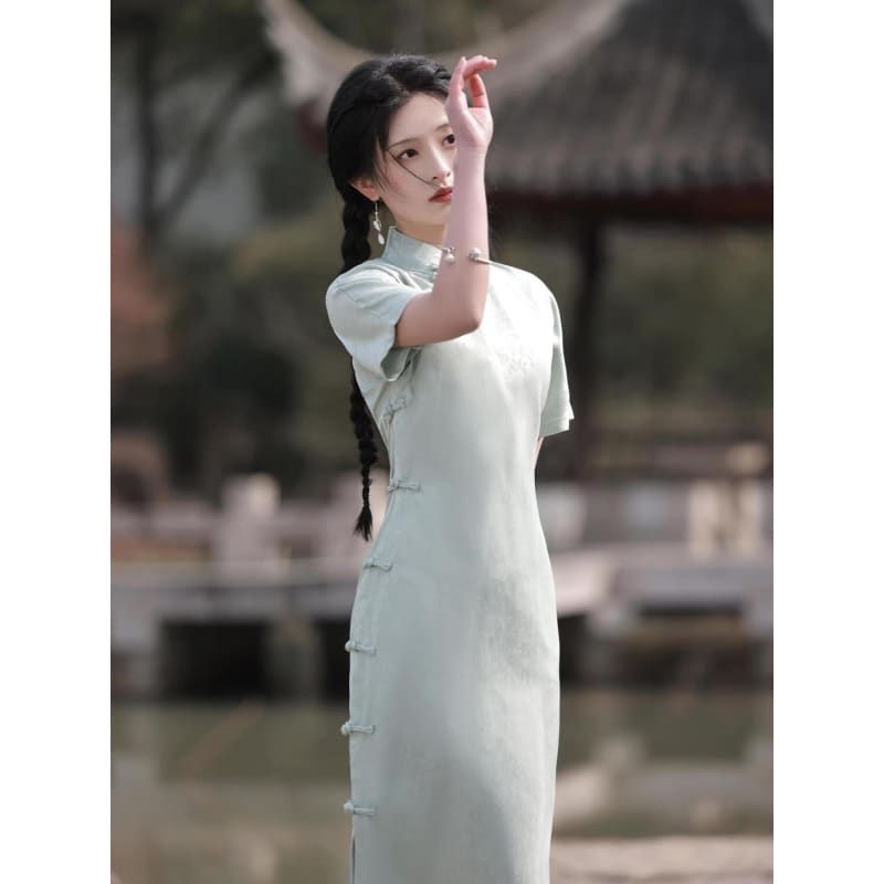 Elegant Satin Short Sleeve Cheongsam - Female Hanfu