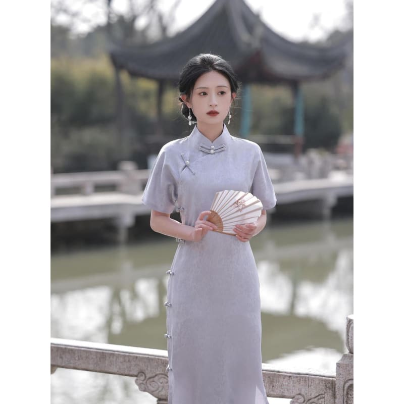 Elegant Satin Short Sleeve Cheongsam - Female Hanfu