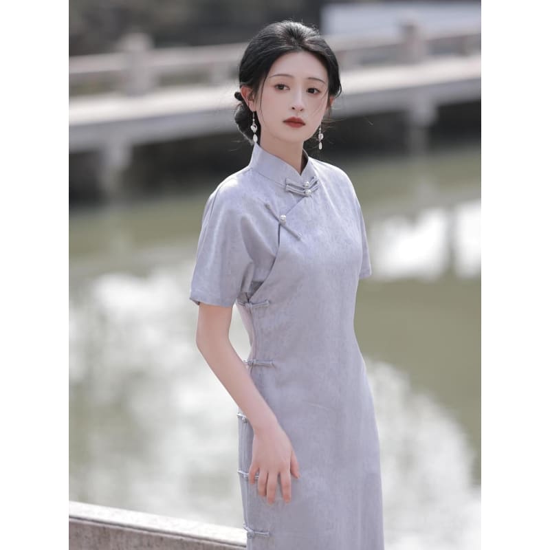 Elegant Satin Short Sleeve Cheongsam - Female Hanfu