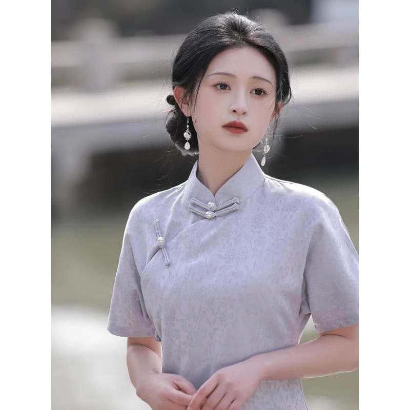 Elegant Satin Short Sleeve Cheongsam - Female Hanfu